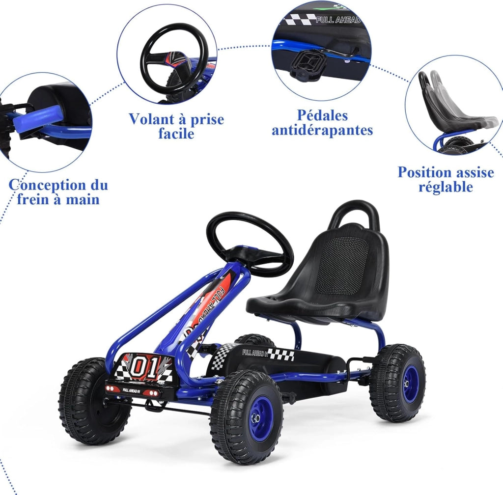 Go Kart a Pedali per Bambini, Macchina per Bambini con Sedili Regolabili in 2 Posizioni e 4 Ruote Antisdrucciolo, Carico 30 kg, per 3 Anni + (Blu, 92 X 50 X 53 CM)
