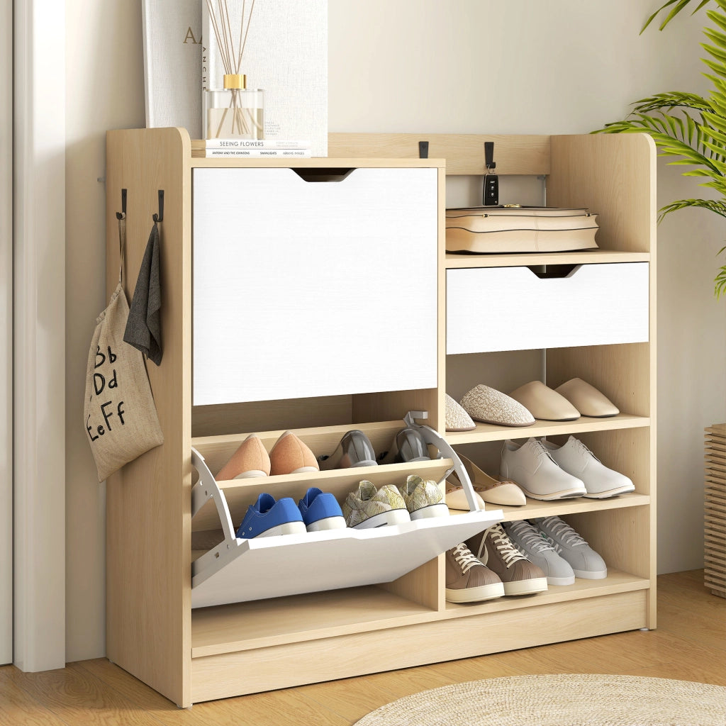 Scarpiera Ingresso con Cassetto Appendiabiti 4 Ganci 14 Paia ¨C Xylo ¨C Legno Naturale Bianco