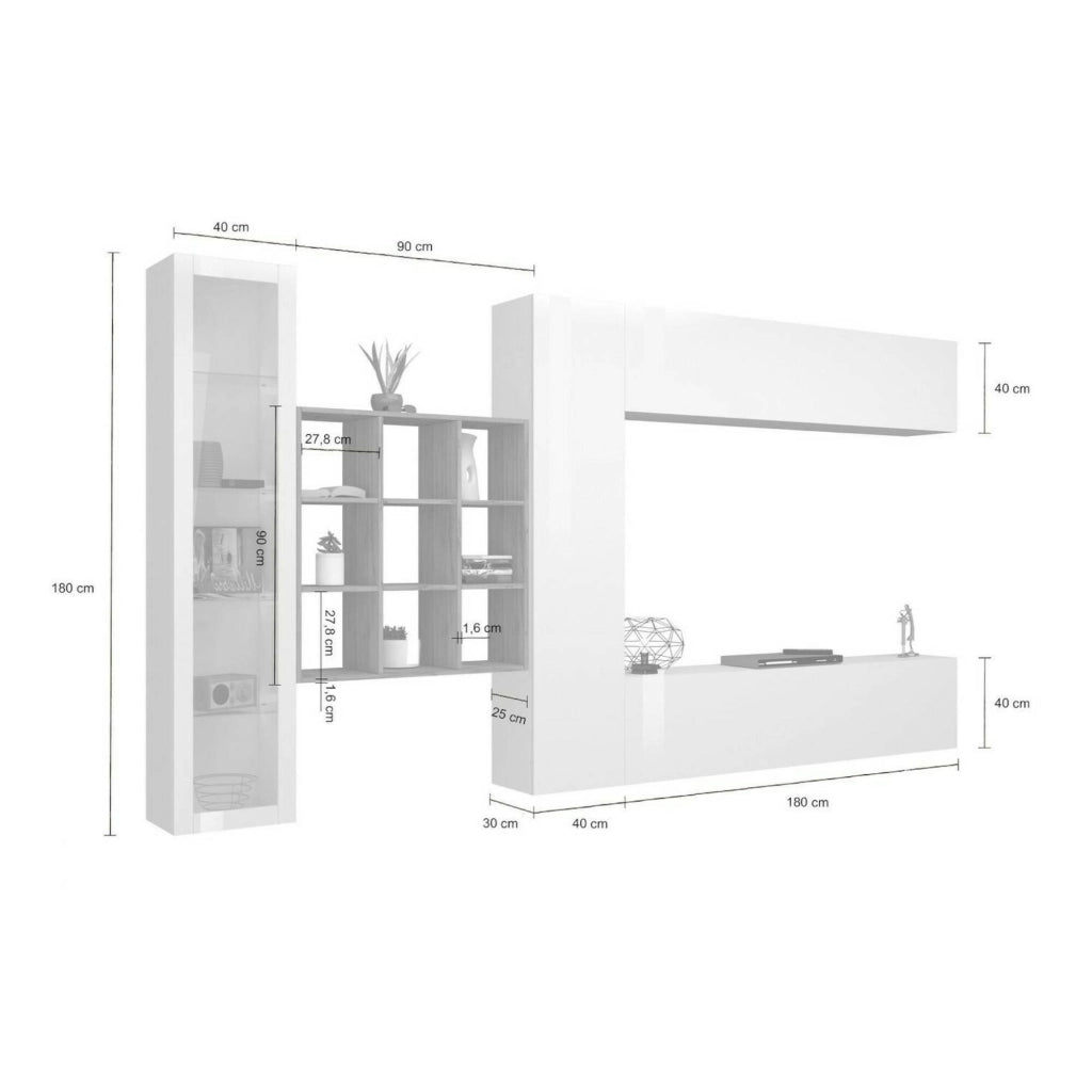 Mobile Soggiorno Avegno, Parete Attrezzata 20 Ripiani Made in Italy, 310x30x180h cm Bianco Lucido
