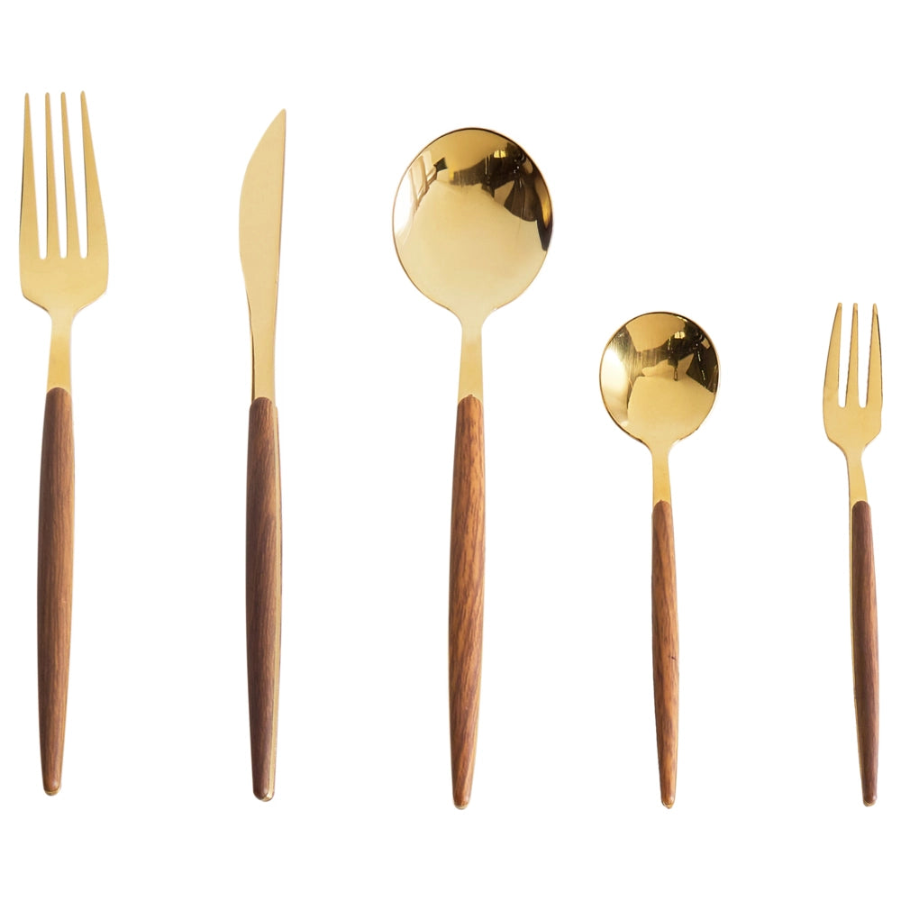 Set di posate Modern Glam 30 pezzi Coltello Forchetta Cucchiaio Cucchiaino da tè Forchetta da frutta Materiale sintetico Acciaio inossidabile Oro