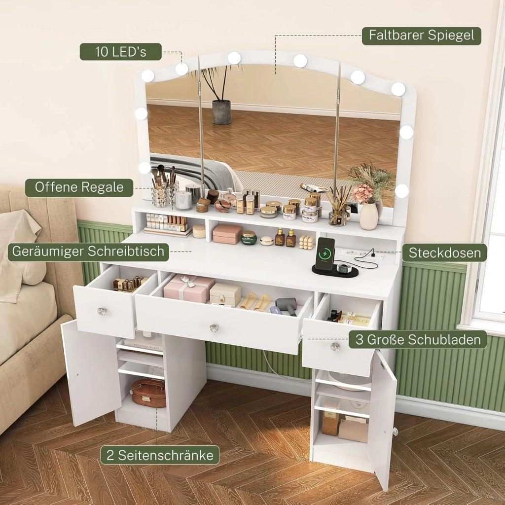 FIONESO Postazione Trucco con 10 Luci LED, 3 Colori Regolabili, 3 Specchietti Ripiegabili, Toeletta Trucco con 2 USB e 2 Prese, 3 Cassetti e 2 Armadi, Bianco