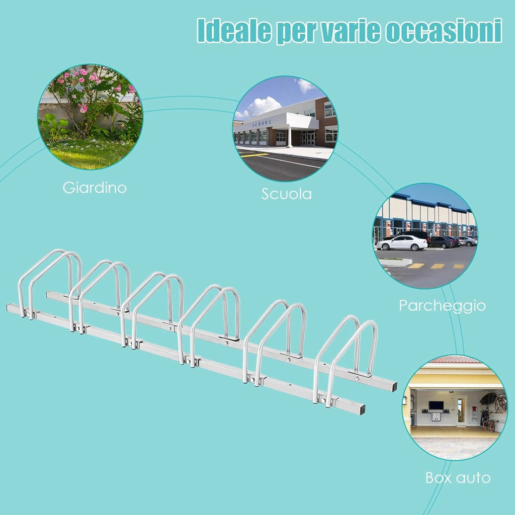 Rastrelliera per Biciclette, Portabiciclette Parcheggio Organizzatore per 4/5/6 Bici, Parcheggio per Biciclette, Telaio d'Acciaio (Argento, 6 Bici)