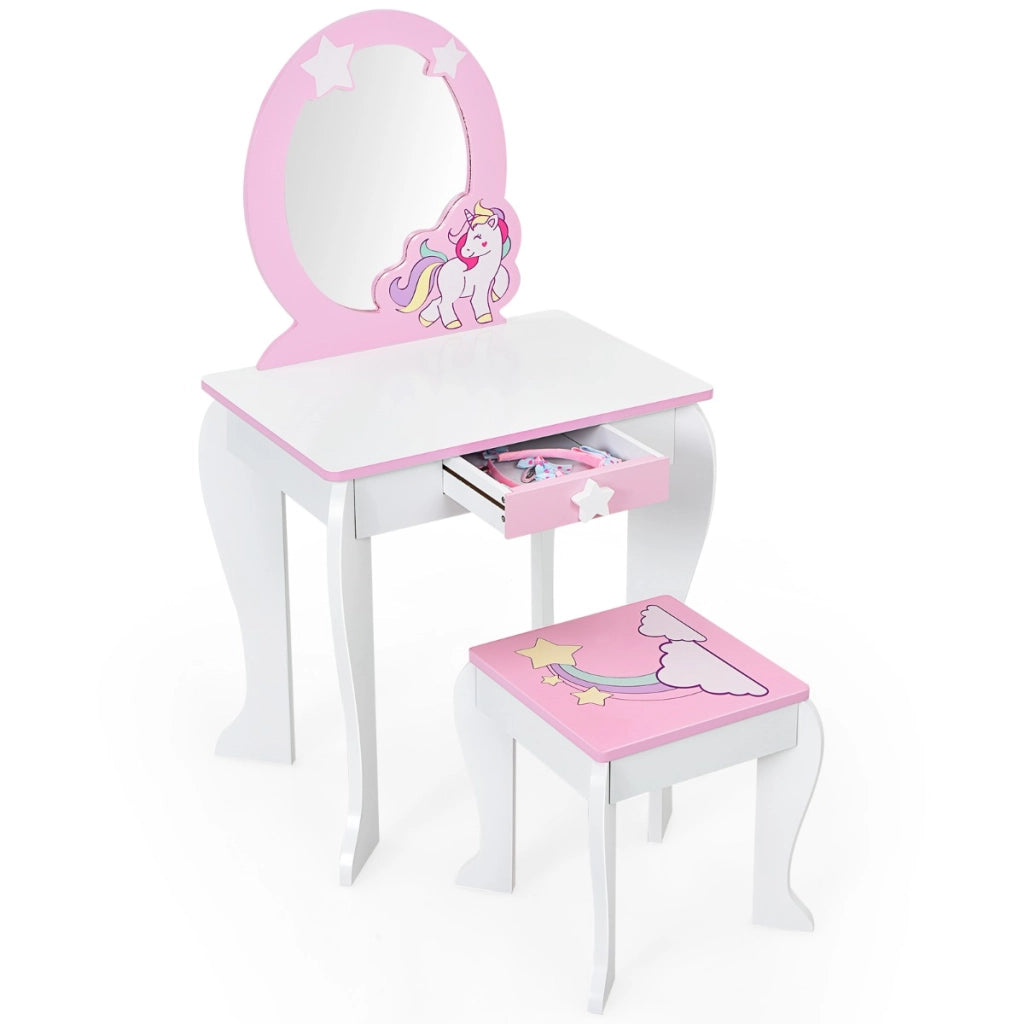 Toeletta per bambine, toeletta principesse con sgabello specchio smontabile e cassetto Bianco-Toelette per bimbi