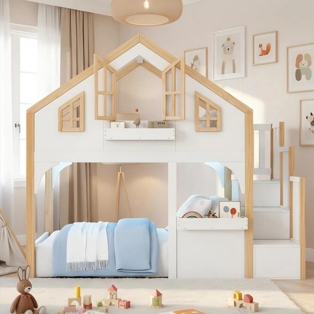 Letto a soppalco per bambini 90x200 cm in legno di pino e MDF; bianco; con LED e scala contenitore