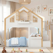 Letto a soppalco per bambini 90x200 cm in legno di pino e MDF; bianco; con LED e scala contenitore