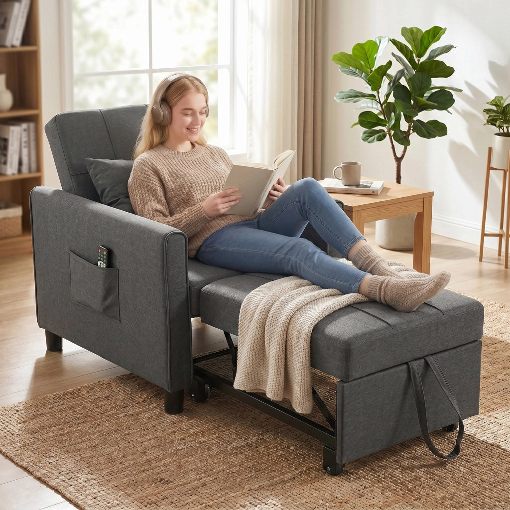 Poltrona Letto Singolo 69x82x85 cm con Schienale Reclinabile in Tessuto Effetto Lino e Legno Grigio