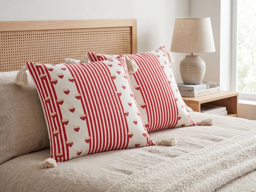 Set di 2 cuscini decorativi in cotone bianco e rosso 45 x 45 cm Motivo cuori sfoderabile Quadrato Accessori decorativi moderni