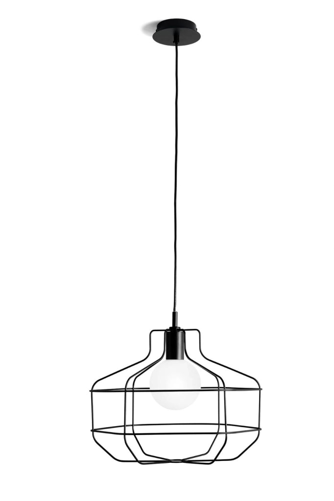 WIRE SOSPENSIONE GABBIA 1 LUCE NERO VETRO OPALINO ATTACCO G9