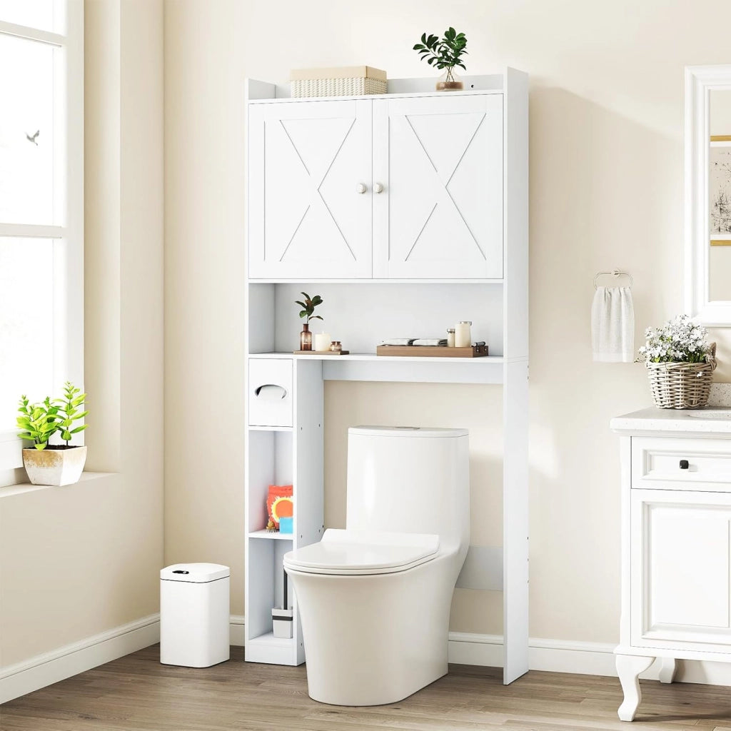 Armadietto per WC da bagno, con 2 ante a battente, ripiani regolabili e scomparti per carta igienica, salvaspazio per WC sopra WC, 81,5 x 19,5 x 172,5 cm (bianco)