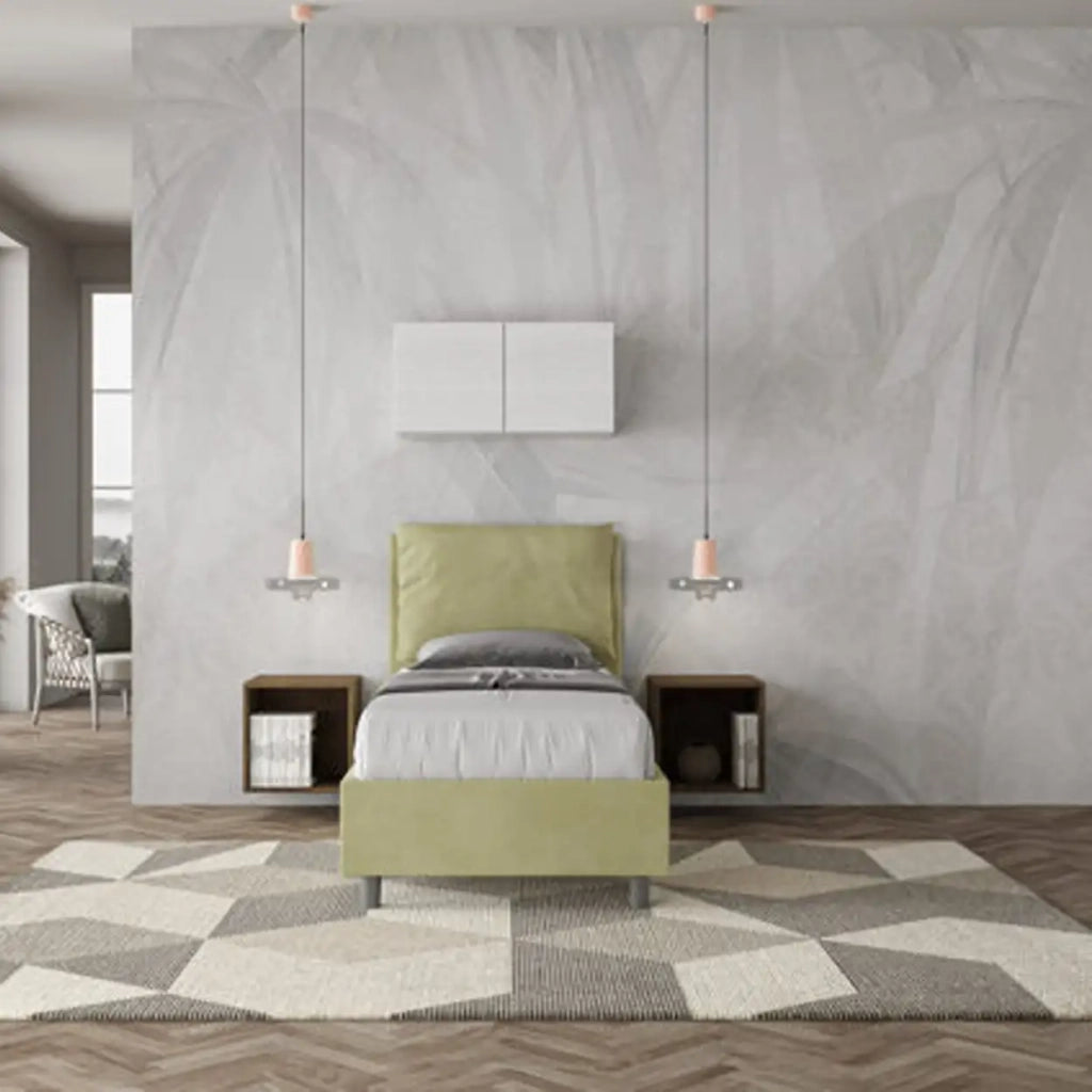 Letto singolo con rete imbottito 80x200 microfibra tè verde Antea