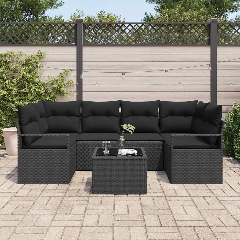 Set Divano da Giardino 7 pcs Nero Polyrattan, Acciaio e Vetro 3354952