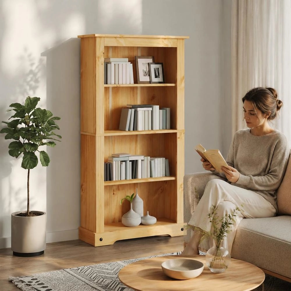 Bookcase With 4 Compartments, Mexican Style, Pine Wood, 80x29x150 Cm