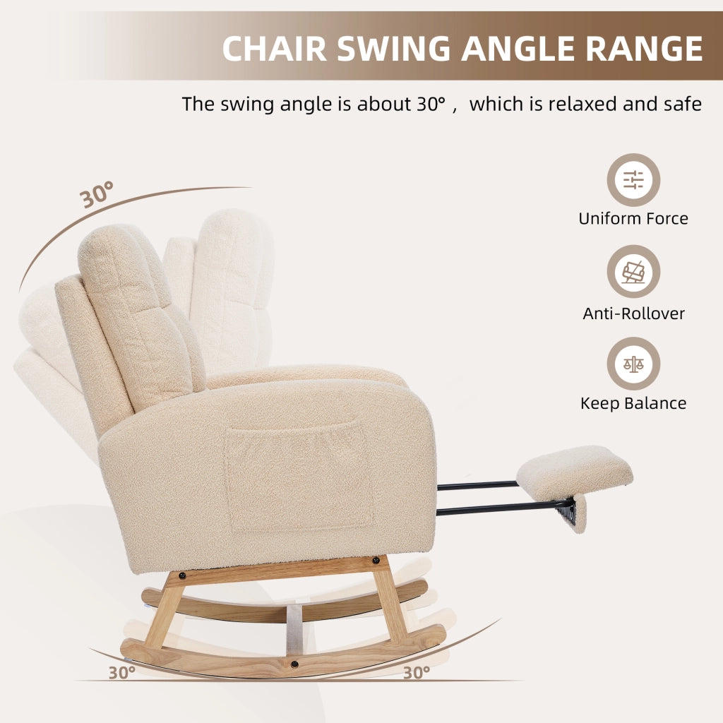 poltrona a dondolo ergonomica con tasca laterale; schienale alto; in bouclÃ© beige
