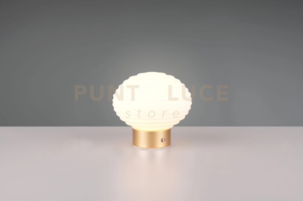 EARL LAMPADA DA TAVOLO LED  1,5W  100lm, 3000K RICARICABILE METALLO OTTONE SATINATO E VETRO RIGATO BIANCO REGOLAZIONE INTESITA' TOUCH H.14,5CM