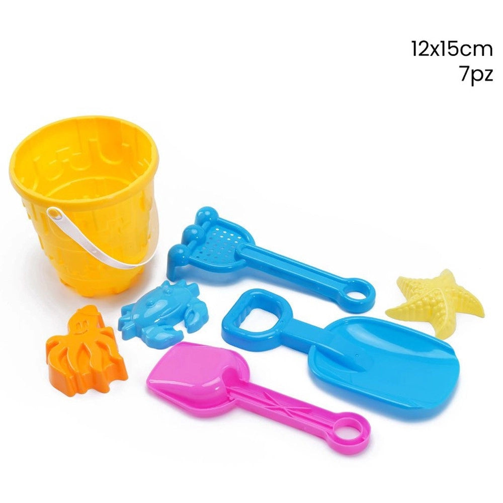 Trade Shop - Kit 7pz Secchiello Con Palette Formine Rastrello Mare Giochi Per Bambini 12x15cm 258305 -