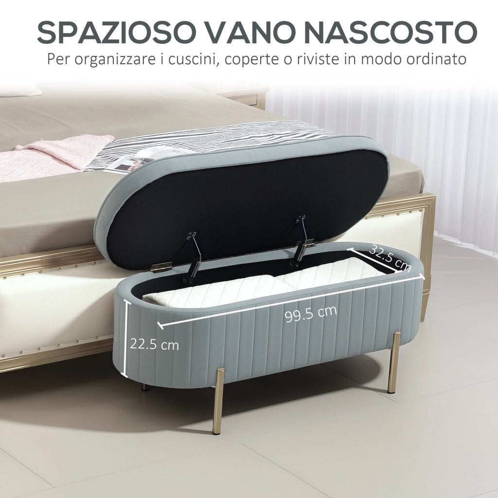 Panca Contenitore Ovale 108x44x43,5 cm con Coperchio Sollevabile in Tessuto Vellutato Grigio