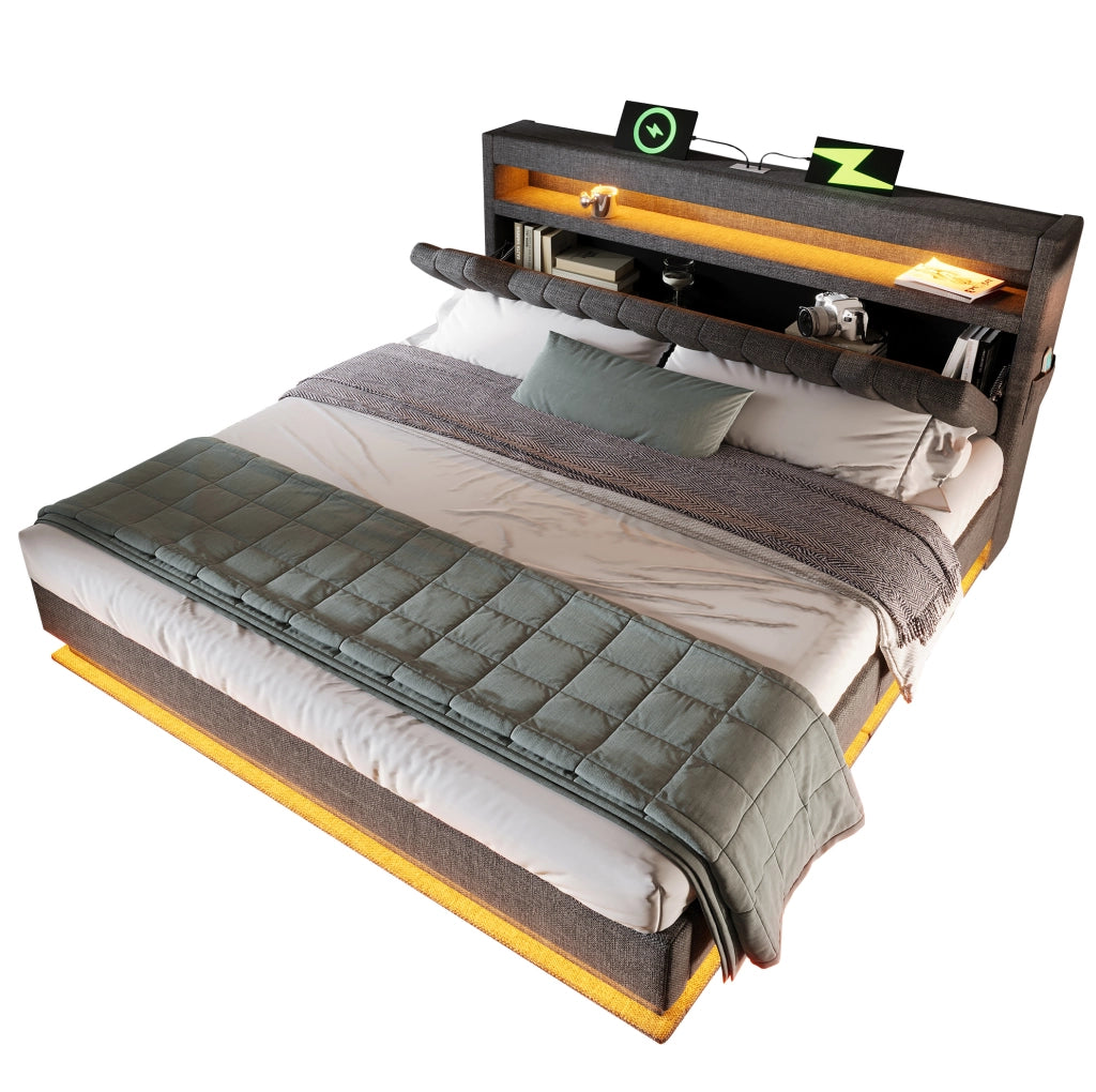 Letto matrimoniale imbottito 180x200 cm con contenitore; LED e USB C; lino grigio