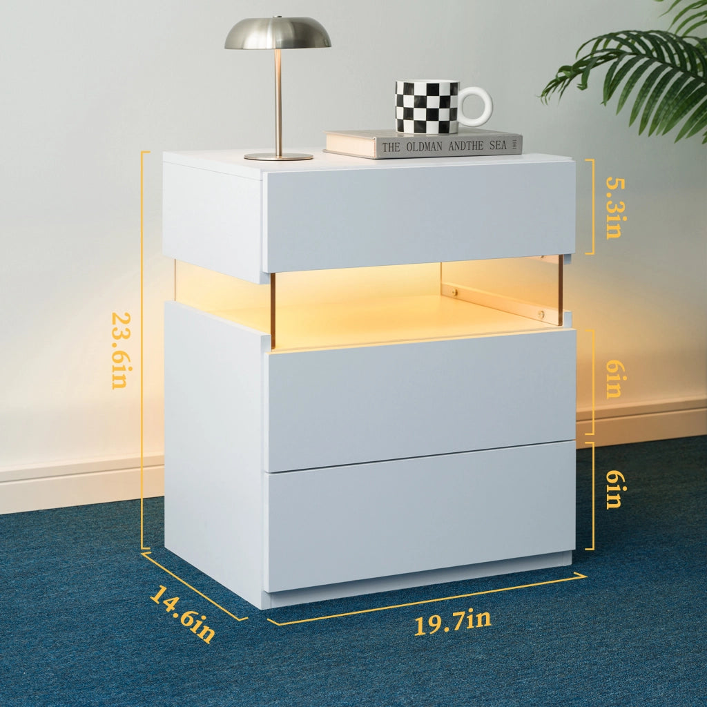 Comodino con led e 3 cassetti con pannello acrilico per camera da letto e soggiorno, in legno ingegnerizzato, bianco