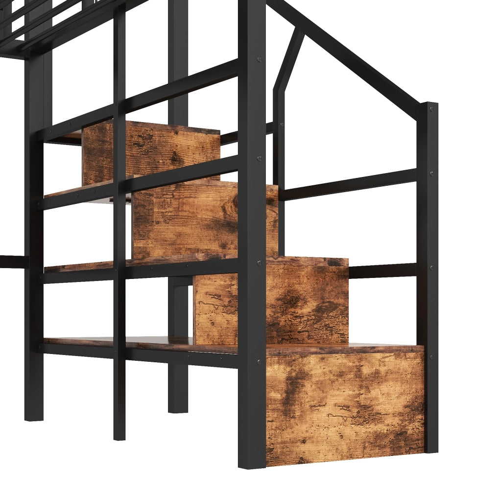 Letto a soppalco 140x200 cm in metallo e MDF con LED e scale contenitore; nero