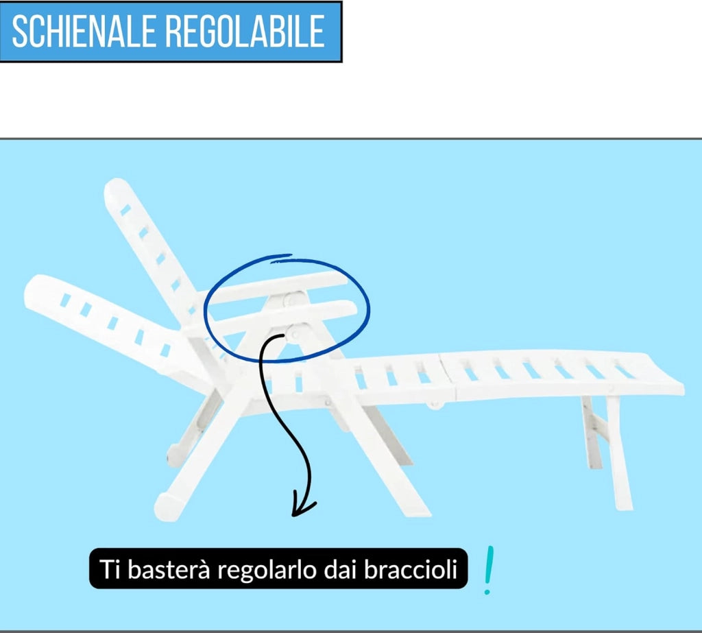 Lettino sdraio pieghevole Prendisole in Plastica Regolabile Reclinabile con Ruote colore bianco Tomaino