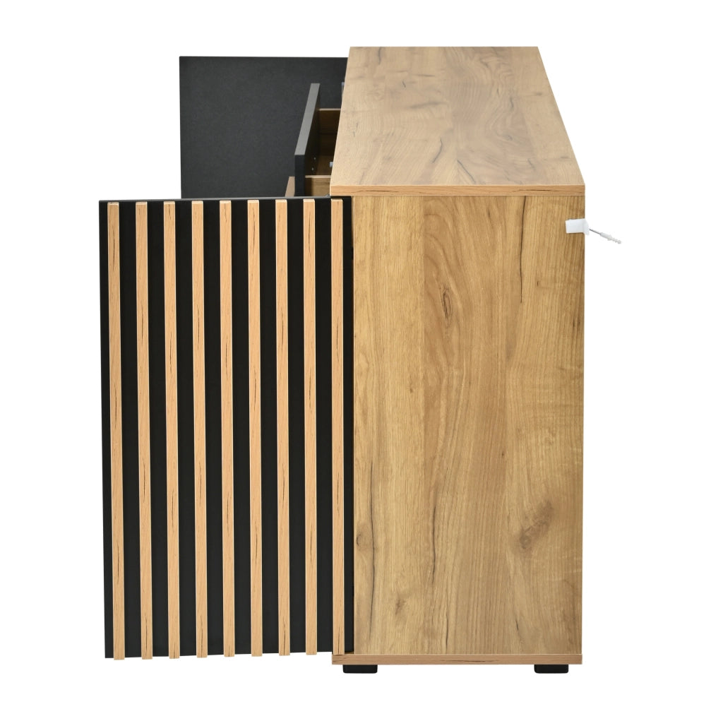 Credenza 140x35x70 cm in MDF; 4 cassetti e 2 ante con ripiani regolabili; nero e rovere