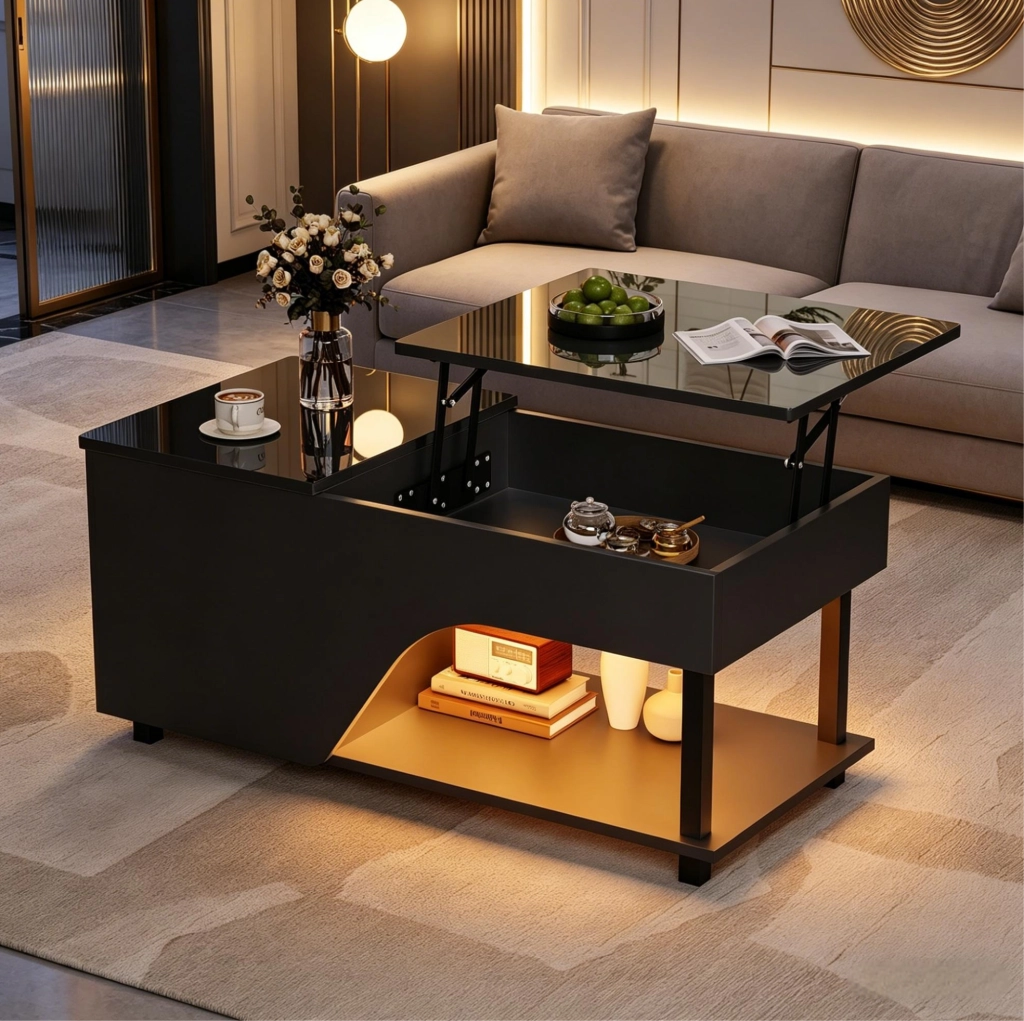 Tavolino da soggiorno regolabile in altezza 50 x 100 x 46 cm; con LED; vano contenitore; nero