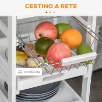 Carrello da Cucina Salvaspazio in Legno di Pino e MDF, Carrello Portaoggetti con Cassetto, Cestello, 2 Vassoi e 4 Ruote Universale, 37x37x82cm, Bianco