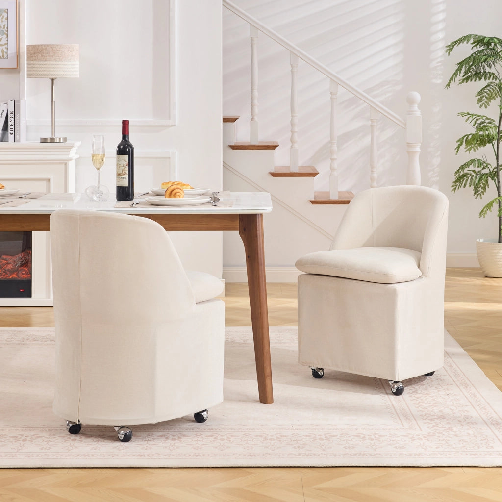 Sedia da Pranzo Set da 2 con Ruote 360° e Rivestimento Sfoderabile senza Braccioli in Ciniglia Beige
