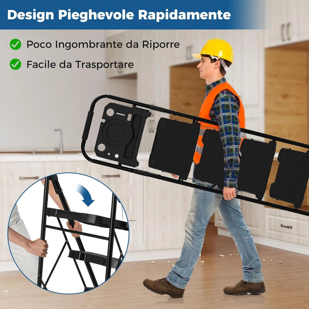 Scala a 4 Gradini, Scaletta Pieghevole in Acciaio con Antiscivolo per Piedi e Maniglia e Vassoio Porta Attrezzi, Carico Massimo 150kg, per Cucina, Giardino e Ufficio