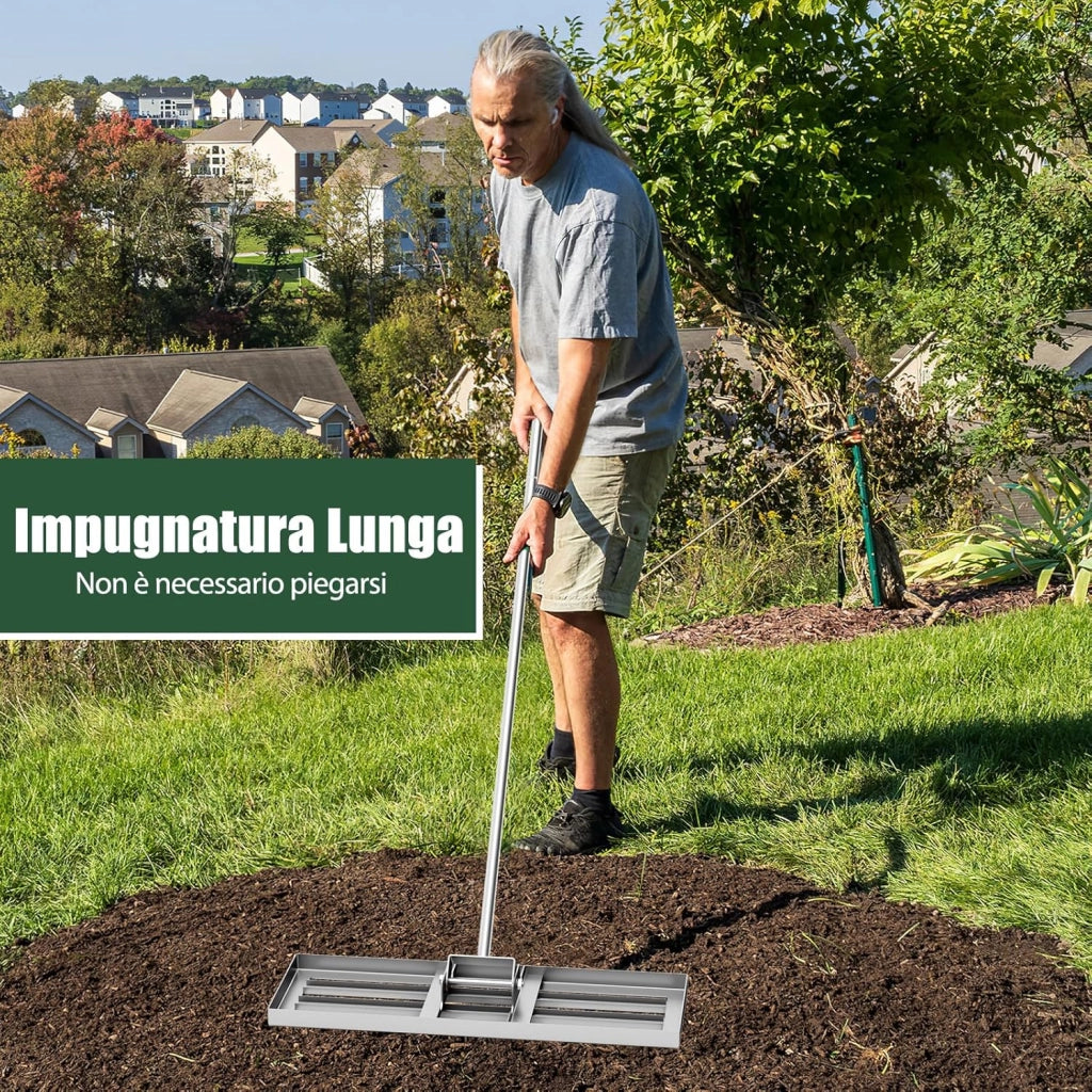 Rastrello Livellatore per Prato, Attrezzo per la Livellatura del Prato con Manico Ergonomico, Livellatrice per Giardino, Cortile, Campo da Golf, Fattoria e Pascolo (Argento 75 x 25 cm)