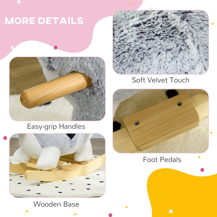 Cavallo a Dondolo per Bambini in Legno e Peluche Cane Husky Grigio