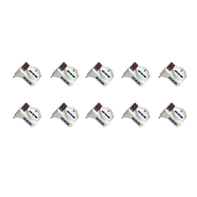 Adattatore Triplo con Interruttore Spina 10A con 2 Prese Bipasso 10A/16A e 1 Presa Universale 10A/16A Max 1500W Salvaspazio Bianco