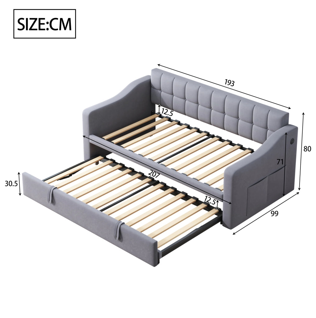 Letto imbottito 90x190 cm estensibile; velluto; grigio