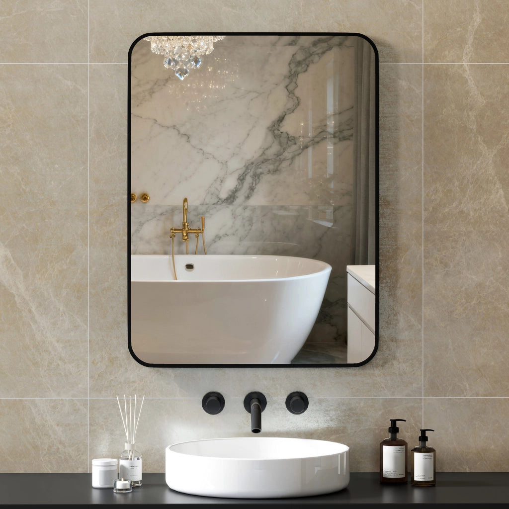 Specchio Bagno con Cornice in Metallo e Gancio, 60x2.5x80 cm, Nero