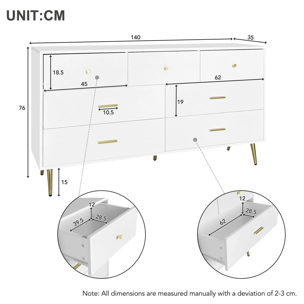 Credenza con 7 Cassetti ¨C Xylo ¨C Bianco, Maniglie Dorate, 140x35x76 cm