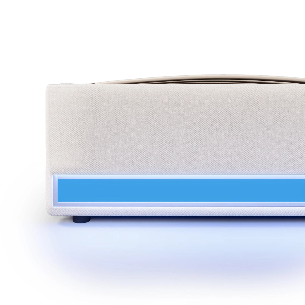 Letto imbottito 140x200 cm senza testiera con LED; USB e Type-C; contenitore idraulico; beige