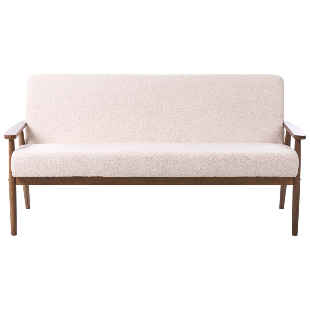 Divano da salotto a 3 posti in bouclé e struttura in legno beige e marrone scuro struttura in legno stile retrò
