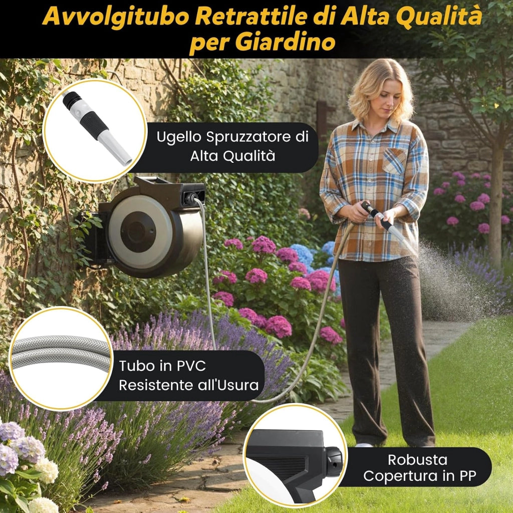Avvolgitubo da Giardino Automatico a Muro, Tubo in PVC 30 M con Tubo di Alimentazione 2 M, Supporto Girevole a 180°, Ritorno Lento, Avvolgitubo Acqua Retrattile con Ugello Spray (30 M)