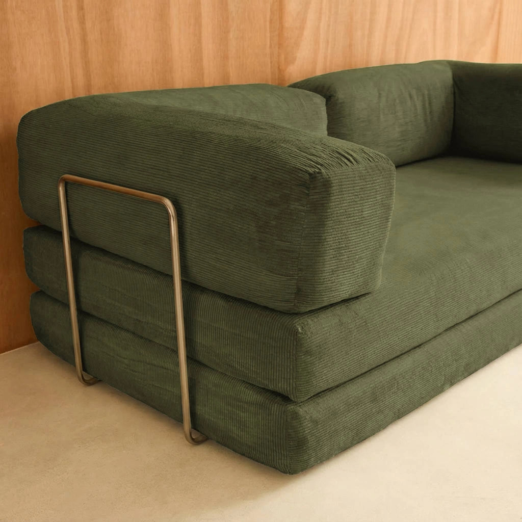 Divano letto futon in velluto a coste e struttura cromata, verde kaki