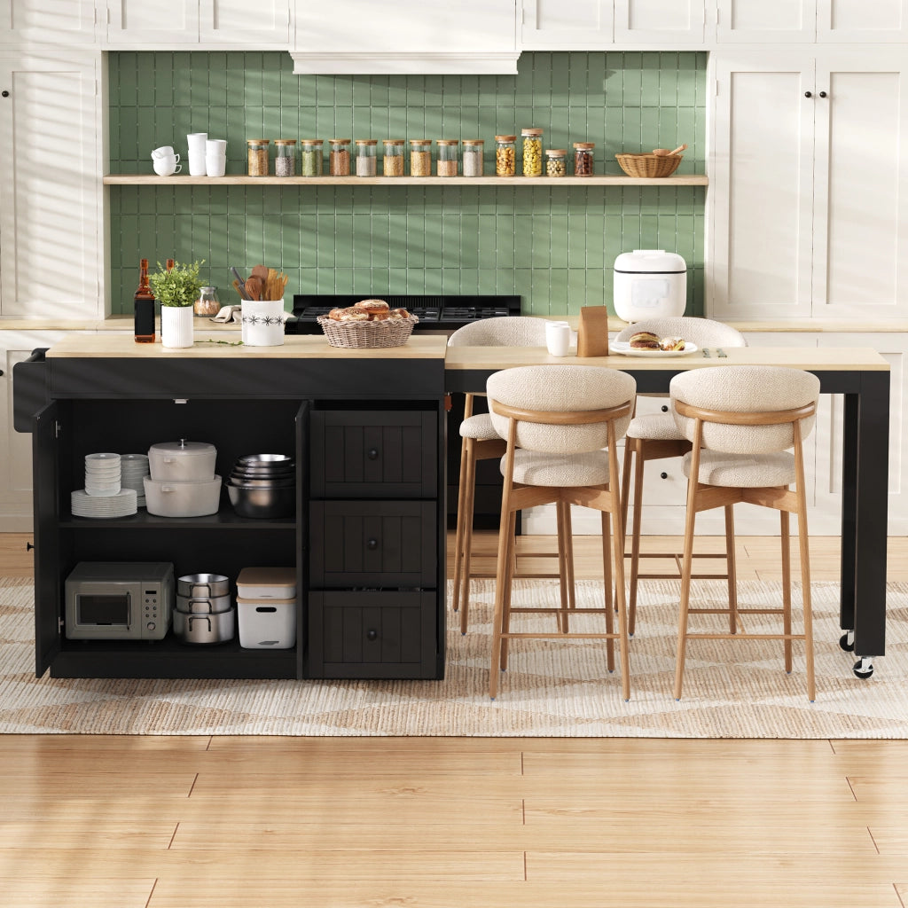 Carrello da Cucina con 3 Cassetti; Portaspezie; Piano Estensibile e Ruote; in MDF; 112-186.8 x 45 x 93 cm; Nero