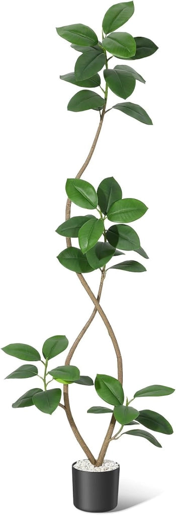 Ficus Elastica Artificiale 210 cm a Doppio Tronco con Vaso Effetto Pietra e Ciottoli