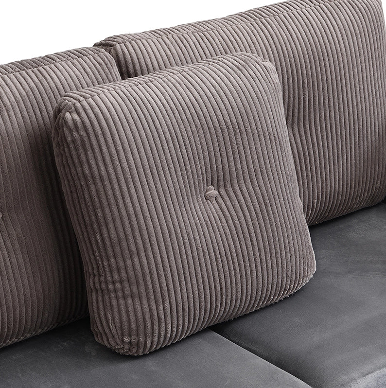 Divano modulare a U 6 posti con contenitore, velluto e corduroy grigio antico