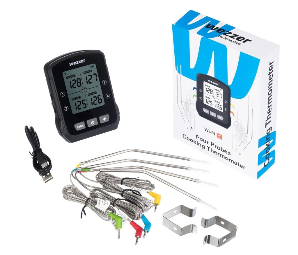 Levenhuk MT90 Wezzer Cook Termometro da Cucina Digitale con 4 Sonde 1 m e App Smart Life-Tuya Smart colore Nero