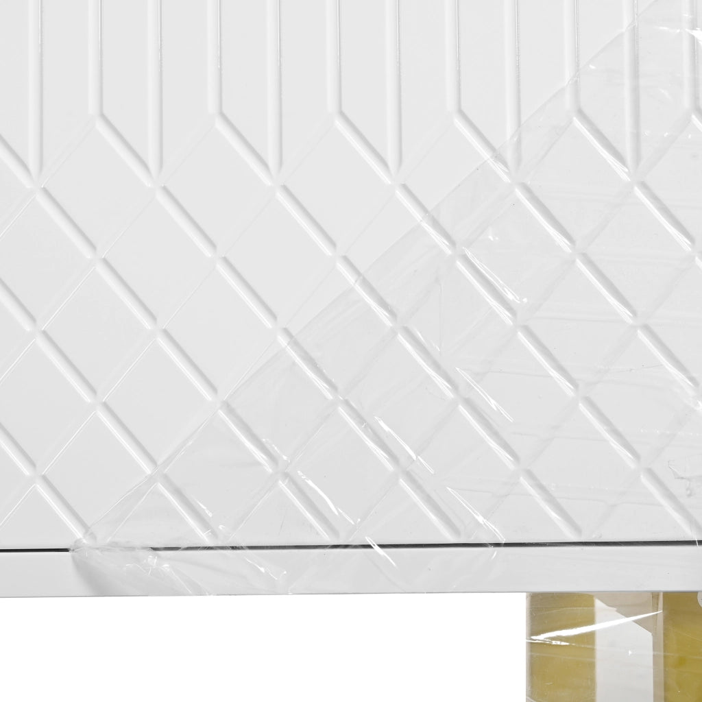 Credenza con 4 Ante; Motivo Geometrico 3D e Piedi in Metallo; Bianco Lucido; in MDF; 140??40??80 cm