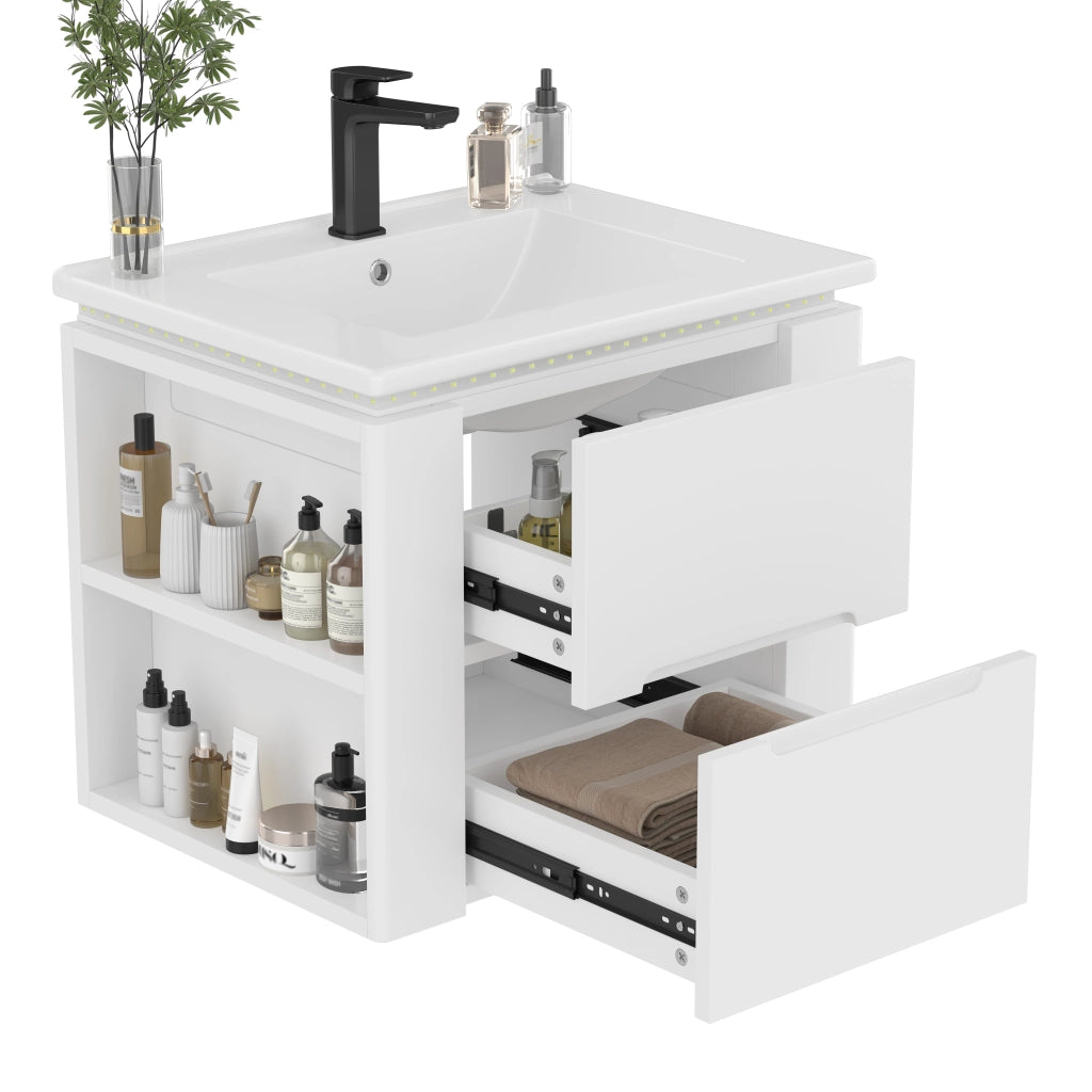 Mobile sottolavabo con 2 cassetti e illuminazione LED a sensore radar; sospeso; lavandino in ceramica integrato; bagno; bianco; 61 Ã— 46 Ã— 48.5 cm