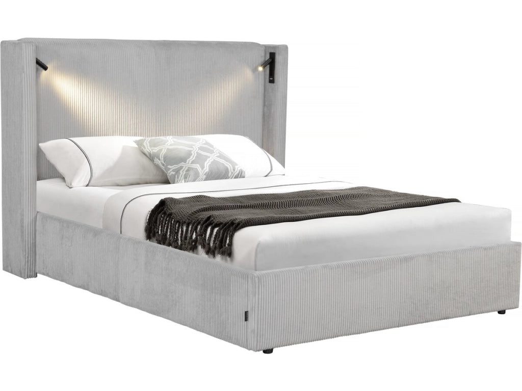 Letto matrimoniale in velluto a coste con cassettiera integrata e lampada "Cortina" - 140 x 190 cm - Grigio