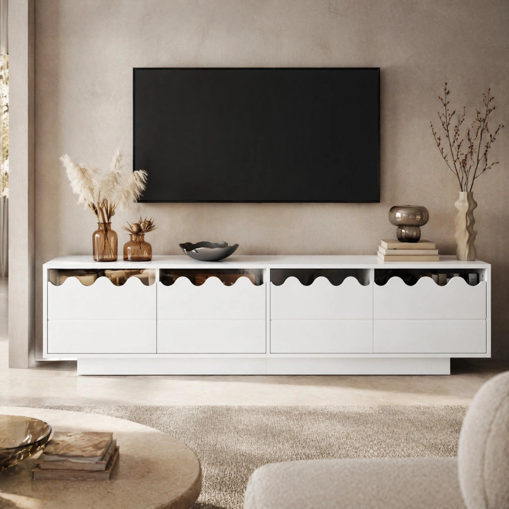 Mobile porta TV con 4 ante e design a onde in MDF e pannello truciolare bianco 170 × 40 × 45 cm