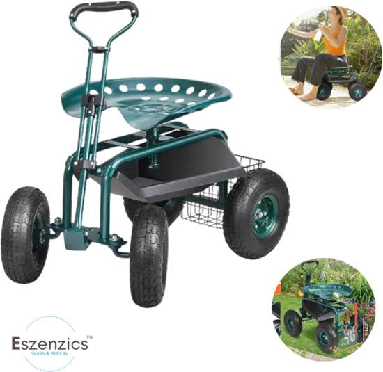 Carrello da giardino - Trasportabile - Fino a 140 kg - Altezza regolabile - 360gr rotante - Acciaio robusto - 4 pneumatici pesanti - Manubrio estensibile - Carrello da giardino - Sedia da giardino - Carrello per il trasporto di piante