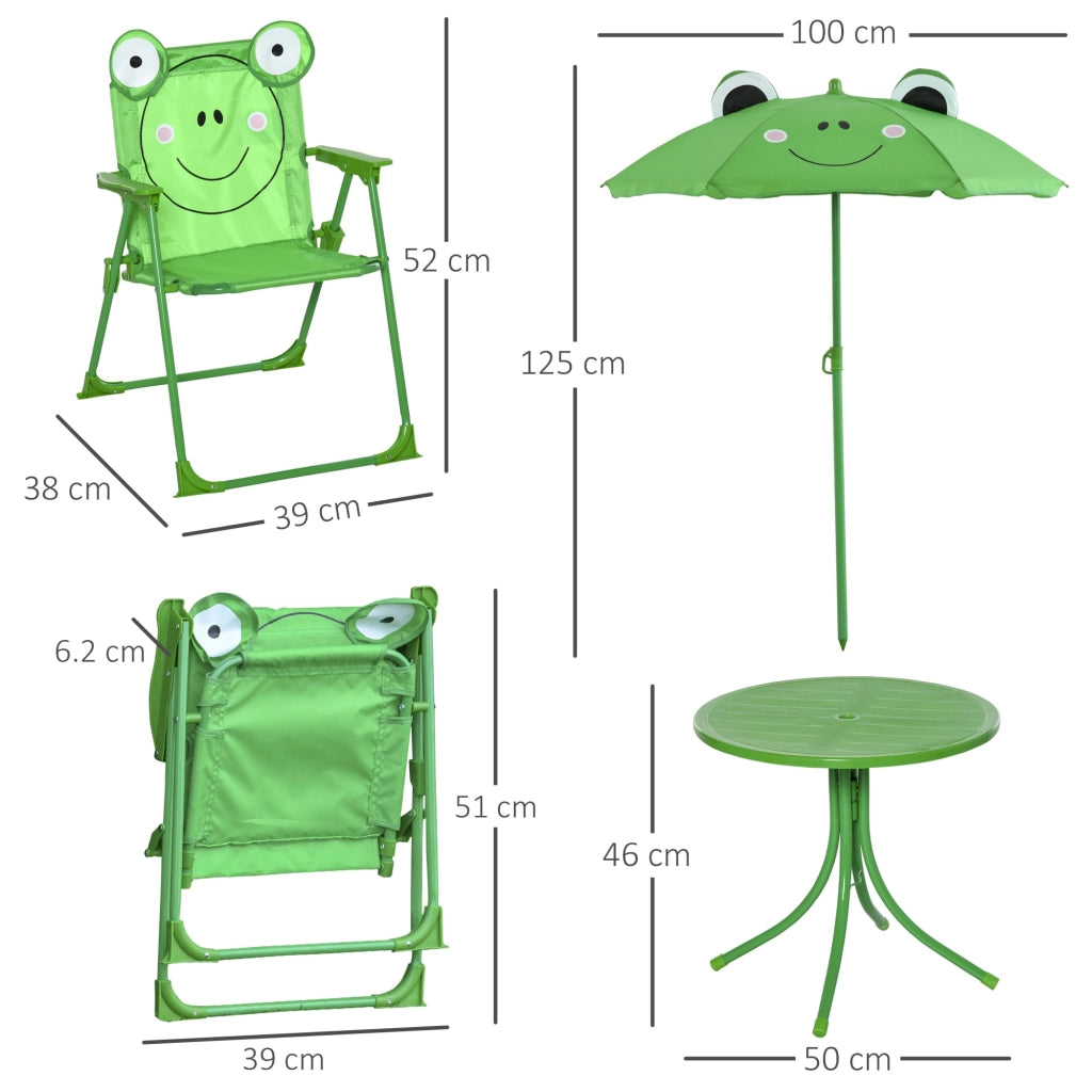Set Tavolino e 2 Sedie Pieghevoli da Giardino per Bambini con Ombrello Verde Rana