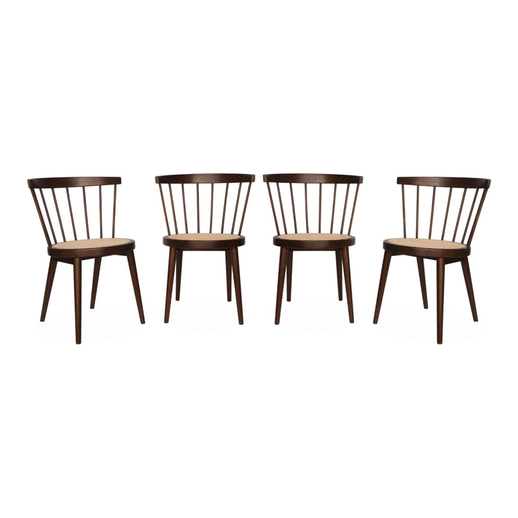Set di 4 sedie in legno e paglia, marrone scuro
